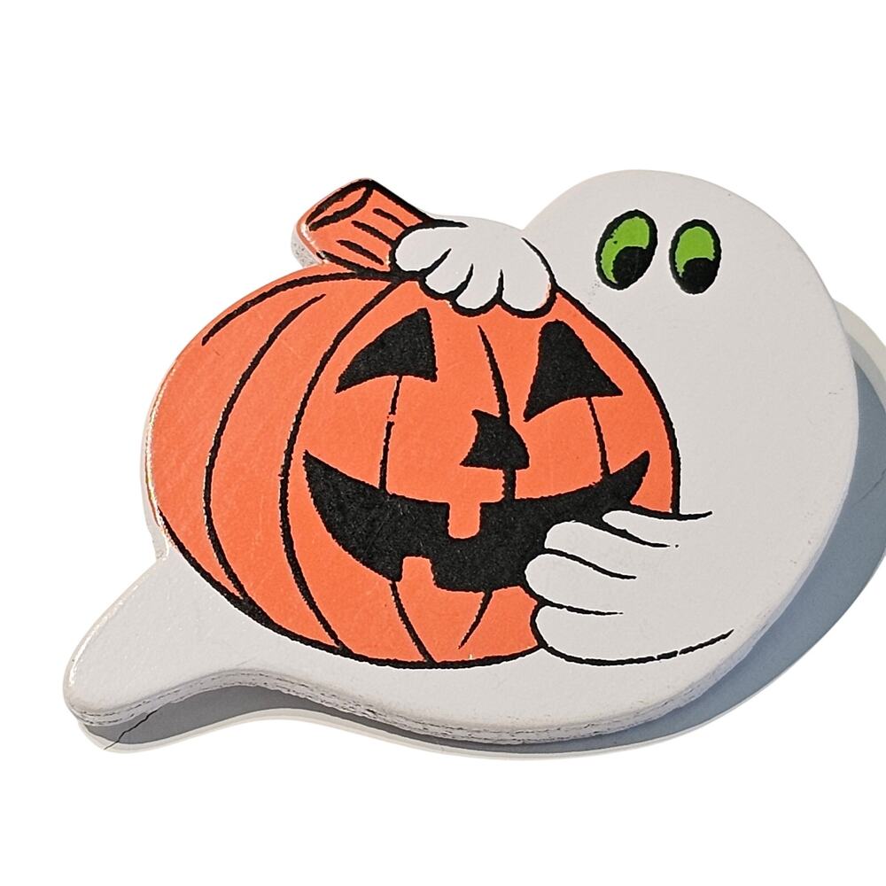 Wooden Ghost Pumpkin Brooch Pin 1.66" Handpainted Halloween Fall Accessory